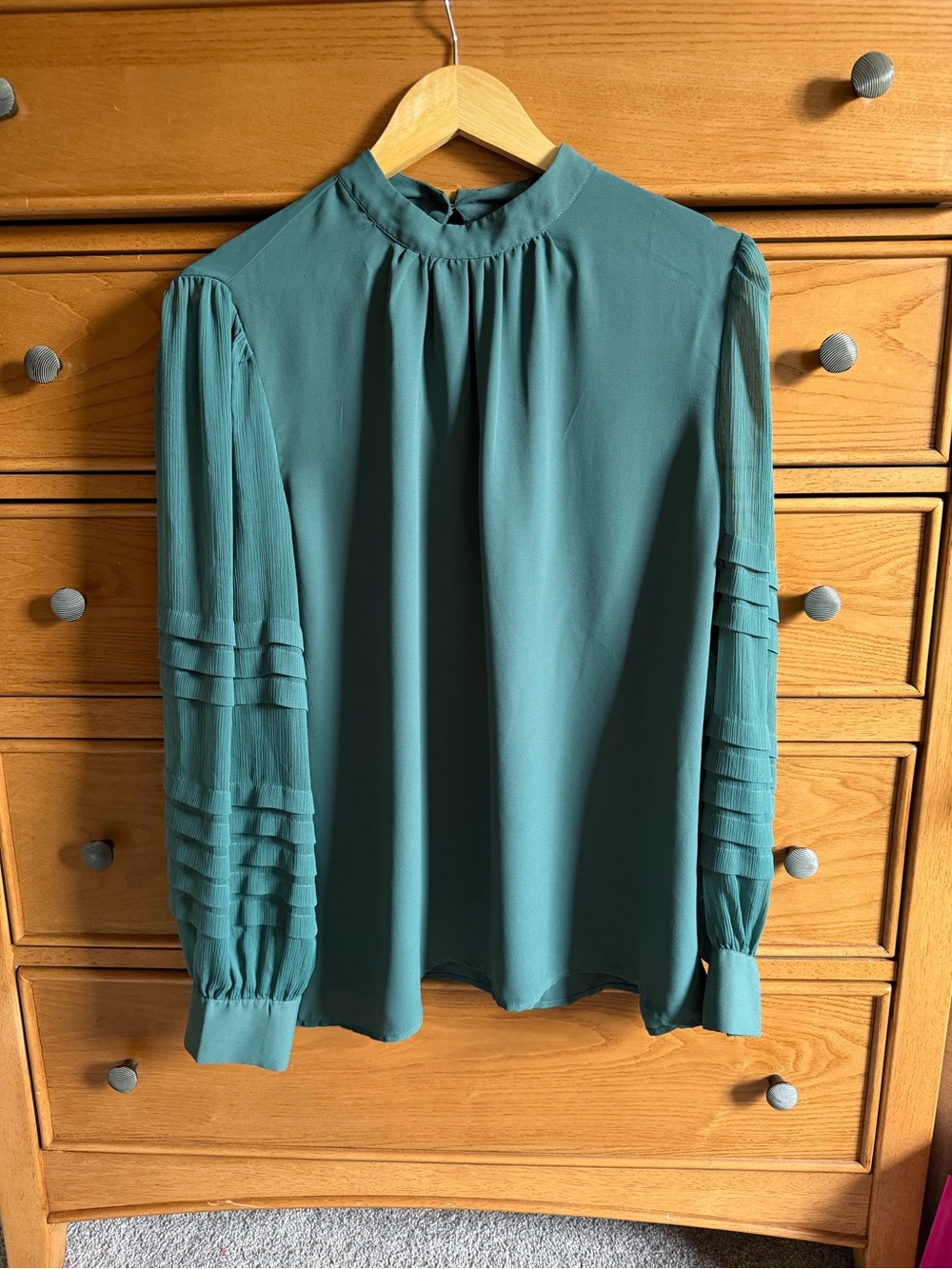 Ann Taylor Blouse Tiered Cuff Sleeve Mock Neck Womens Size XL Teal Dark Academia